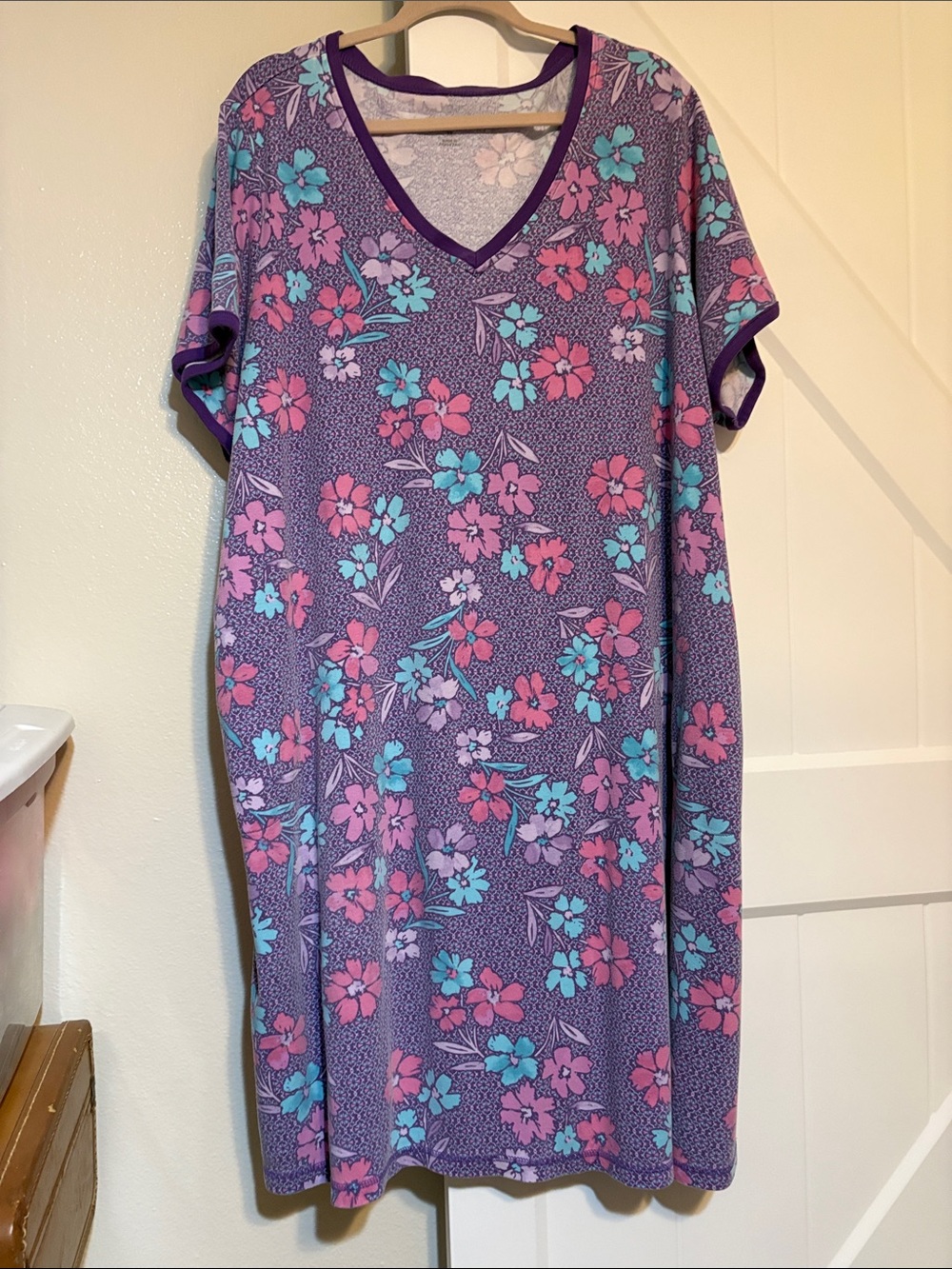 Woman Within Purple Floral Midi Dress with Pink & Teal Flowers